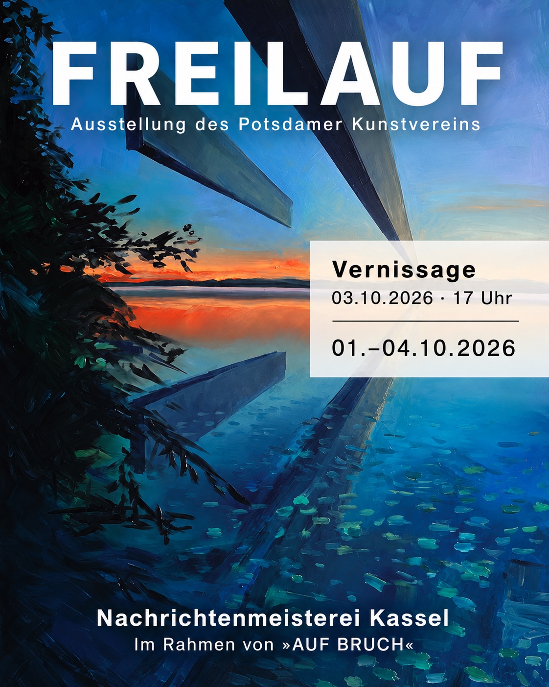 Plakat zur Ausstellung FREILAUF des Potsdamer Kunstvereins in der Nachrichtenmeisterei Kassel