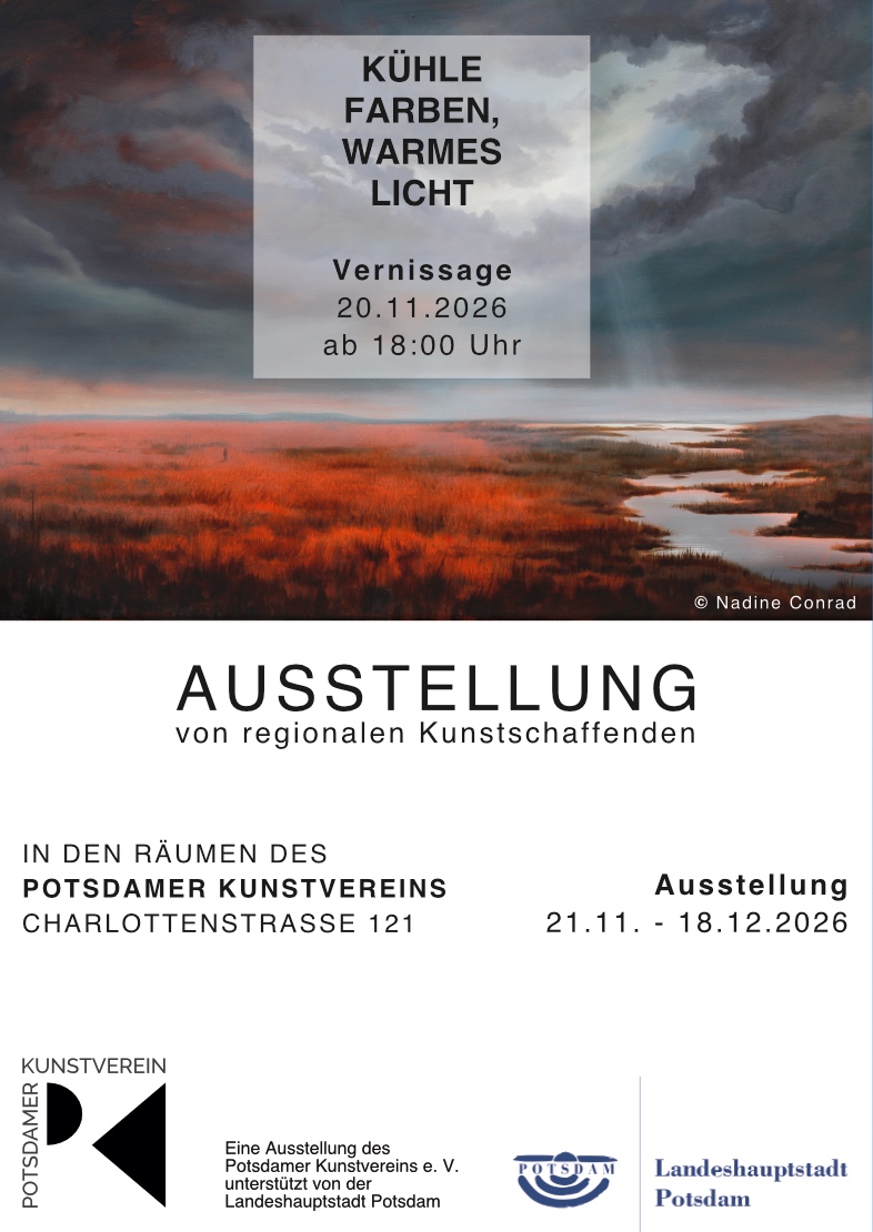 Flyer zur Ausstellung „Kühle Farben, warmes Licht“ mit einem Gemälde von Nadine Conrad